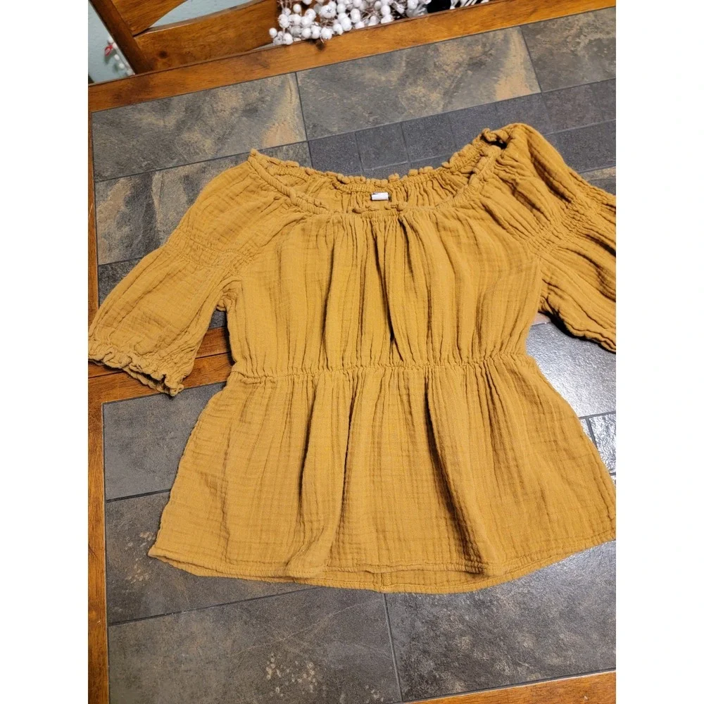Puff Sleeve Caramel Brown Shirred Cotton Babydoll‎ Blouse SZ M Milkmaid Old Navy